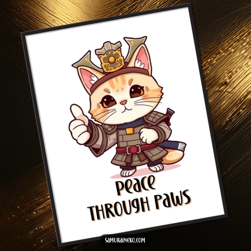 Funny cat samurai poster of a feline warrior in elaborate armor giving a friendly, enthusiastic thumbs-up.