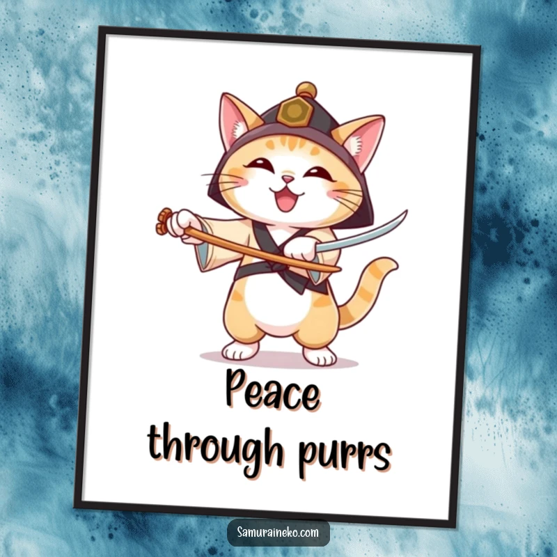 Funny poster art of a cat in a ronin hat practicing sword forms with a genuinely joyful and focused expression.
