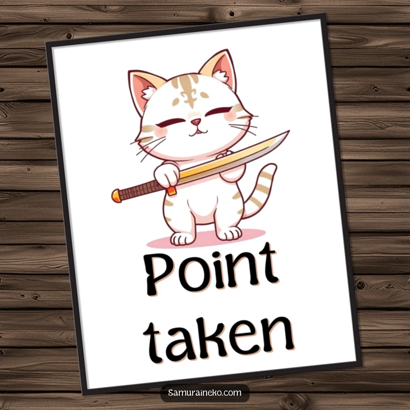 Funny poster showcasing a cat samurai sharpening its sword with a look of pure concentration and contentment. A humorous gift idea.