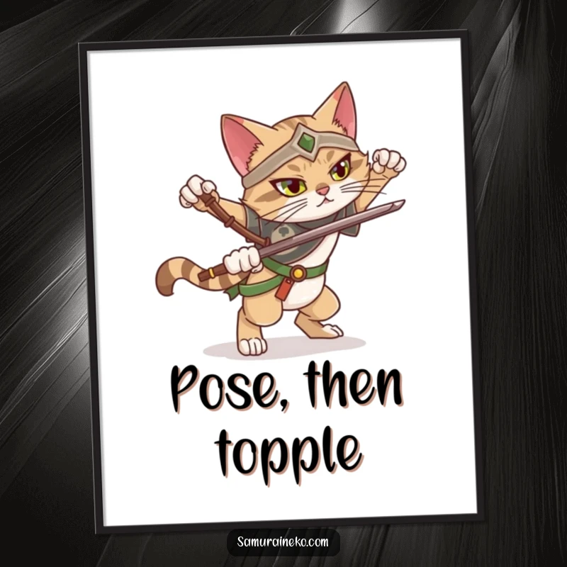 Funny poster art of a cat warrior attempting a dramatic pose but comically losing balance, capturing effort and humor.