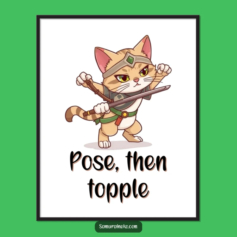 Funny Falling Cat Warrior Poster: Dramatic Pose Fail Art, Humorous Decor Gift