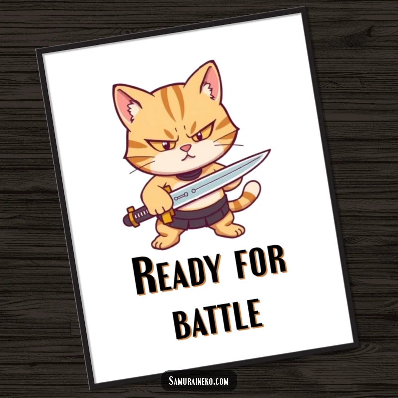 Funny poster print of a determined cat character squinting while sharpening a tiny sword, bringing humor to any wall.