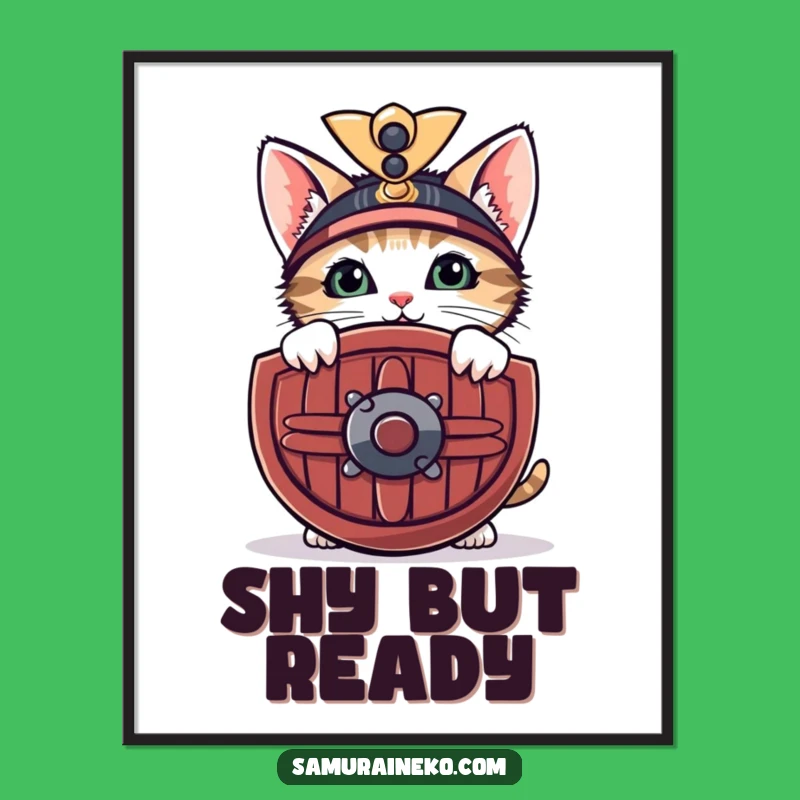 Funny Shy Samurai Kitten Poster: Adorable Feline Art for a Gentle & Humorous Home
