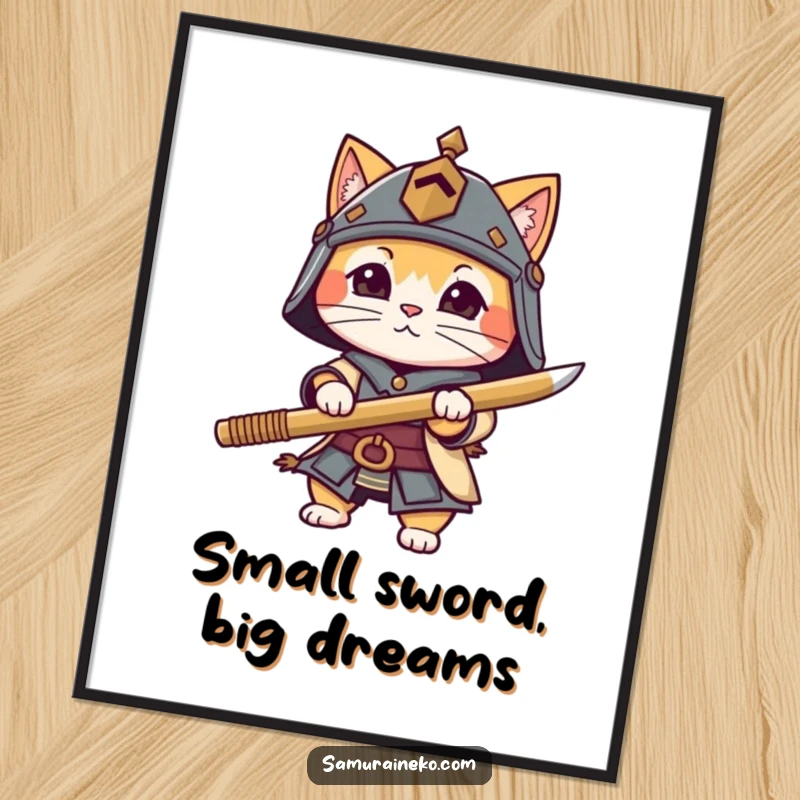 Funny cat character in a small helmet holding a bamboo sword, captured in a dynamic pose for a wall art print.