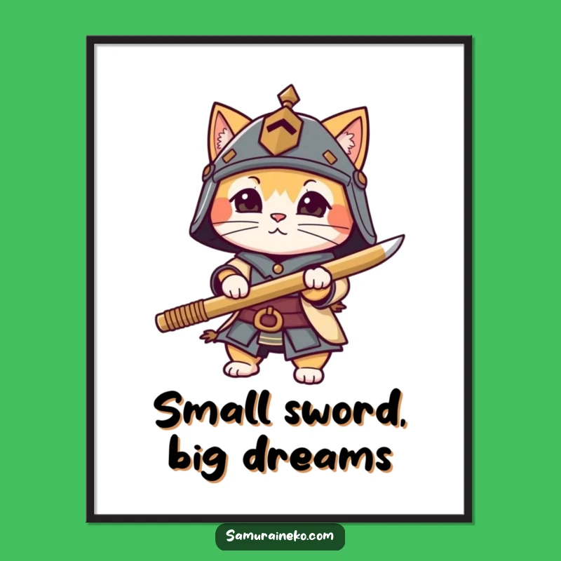 Funny Cat Warrior Art Print - Tiny Helmet Bamboo Sword Decor