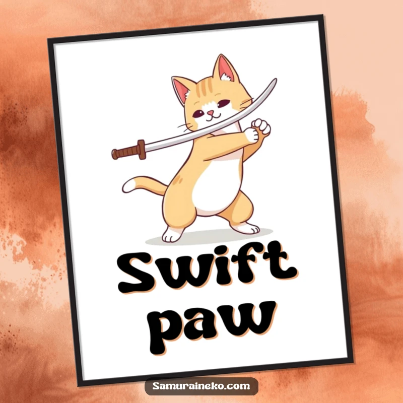Funny cat samurai striking a dynamic pose with a swift sword flourish on a vibrant poster, perfect for humor.