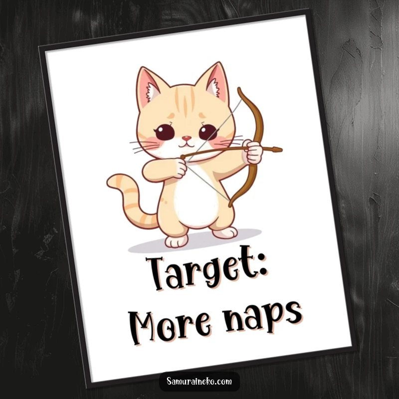 Funny Cat Archer Poster: A humorous artwork depicting a cat meticulously aiming a small bow and arrow, symbolizing focus and lightheartedness.