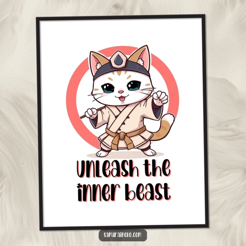 Funny Samurai Cat Poster: A smiling cat in samurai attire, gracefully practicing martial arts, inspirational and humorous wall decor.