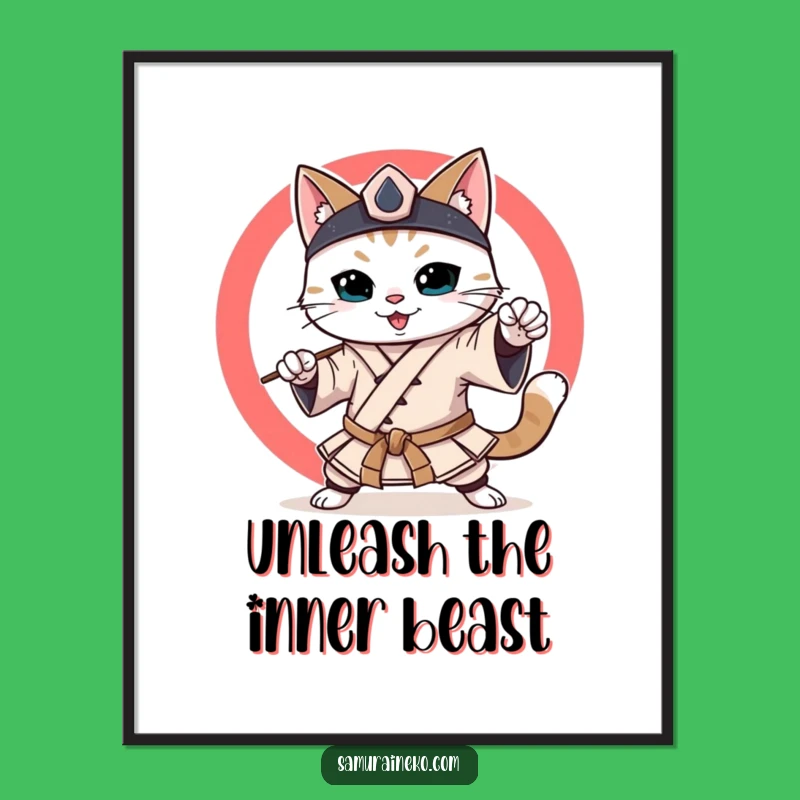Funny Samurai Cat Poster: Smiling Martial Artist Feline Perfect Gift