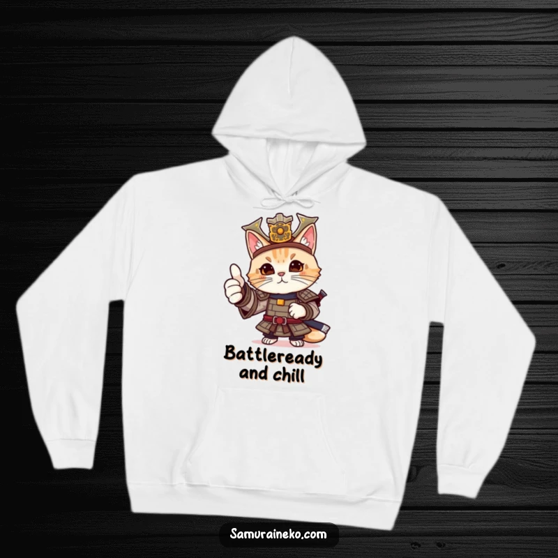 Funny cat samurai hoodie with a feline warrior in elaborate armor giving a friendly, supportive thumbs-up.