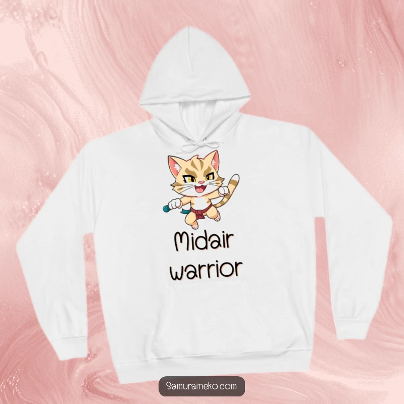 Funny Leaping Cat Hoodie: A comfortable hoodie featuring a cat warrior mid-leap with a happy, determined expression.