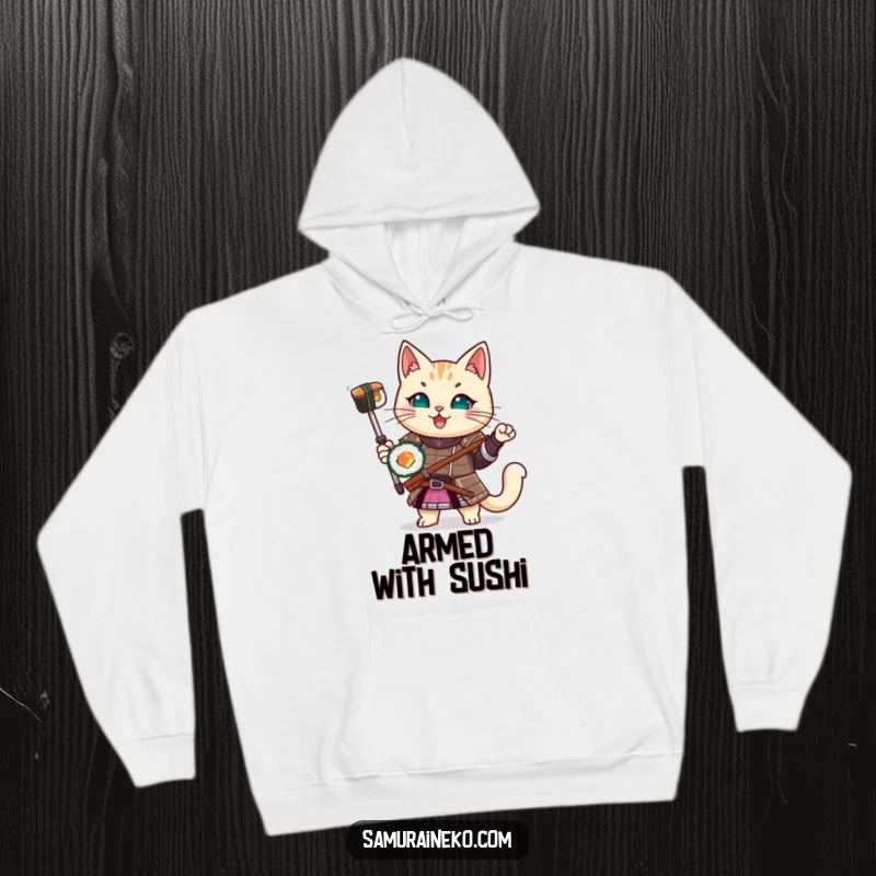 Funny Samurai Cat Hoodie: A comfortable hoodie featuring a cat in samurai armor, happily holding a sushi roll, perfect for foodies.