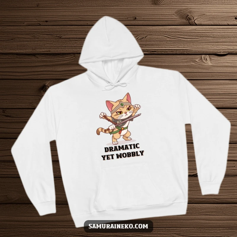 Funny, cozy hoodie featuring a cat warrior attempting a dramatic pose and slightly losing balance, offering warmth and humor.