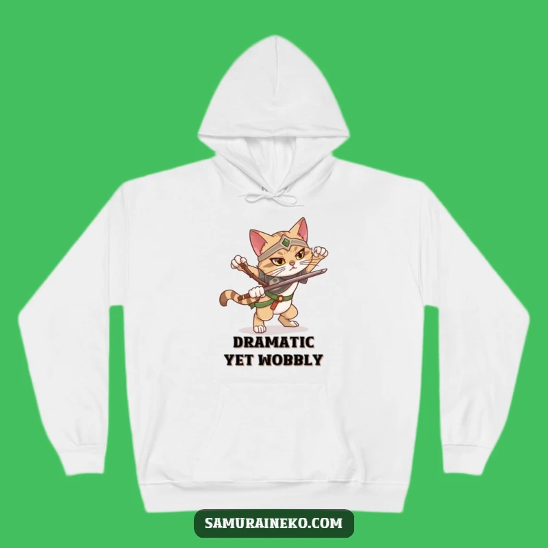 Funny Falling Cat Warrior Hoodie: Cozy Dramatic Pose Fail, Warm Humorous Gift
