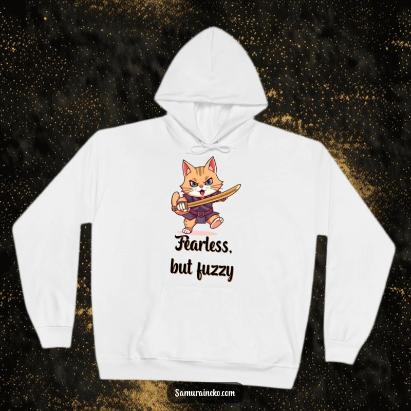 Funny determined cat warrior charging forward with a bamboo sword, this cozy hoodie embodies courage.