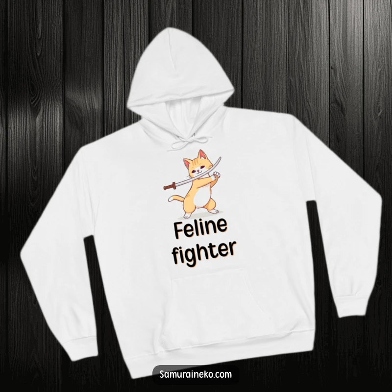Funny cat samurai hoodie design featuring a playful sword flourish and a wagging tail, perfect for cozy humor.