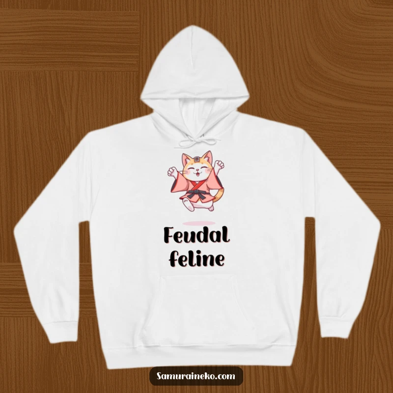 Funny cat in traditional feudal Japanese warrior garb leaping dynamically in a triumphant pose on this cozy hoodie.