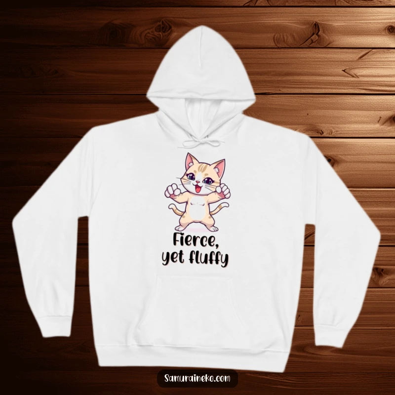 Funny hoodie showcasing a cat character striking a powerful and playful fighting pose.