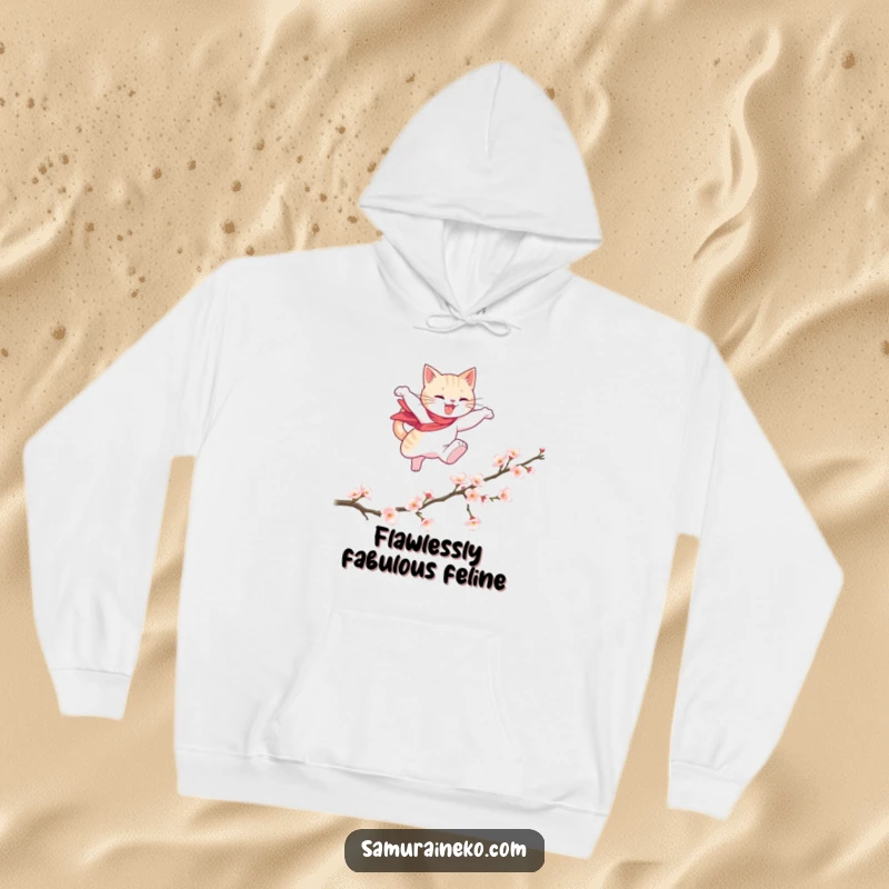 Funny hoodie showcasing a cat hero gracefully leaping over a fallen cherry blossom branch, perfect for cozy, elegant, and funny wear.