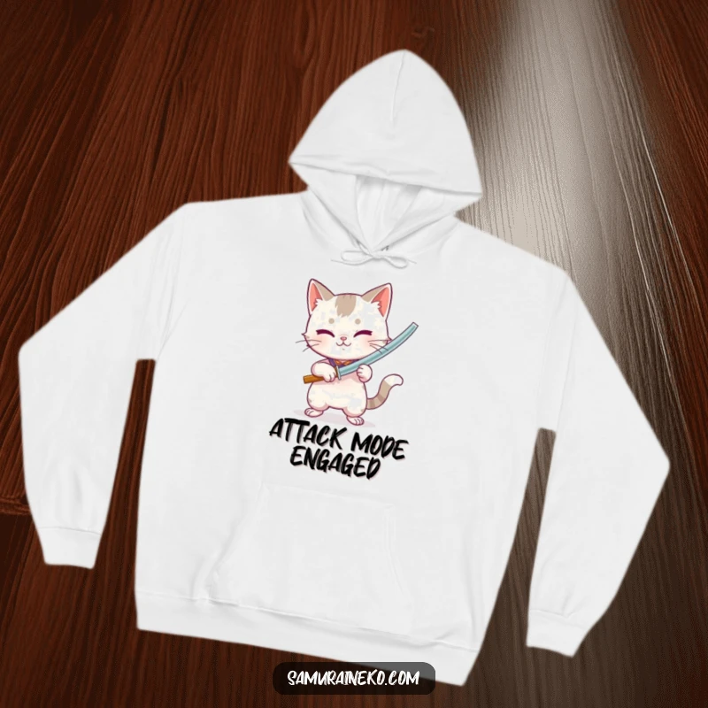Funny, cozy hoodie featuring a cat wielding a tiny bamboo sword with playful intensity, offering warmth and humor.