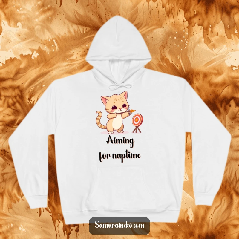 Funny cat archer aiming a miniature arrow at a playful target, featured on a warm and comfortable hoodie.