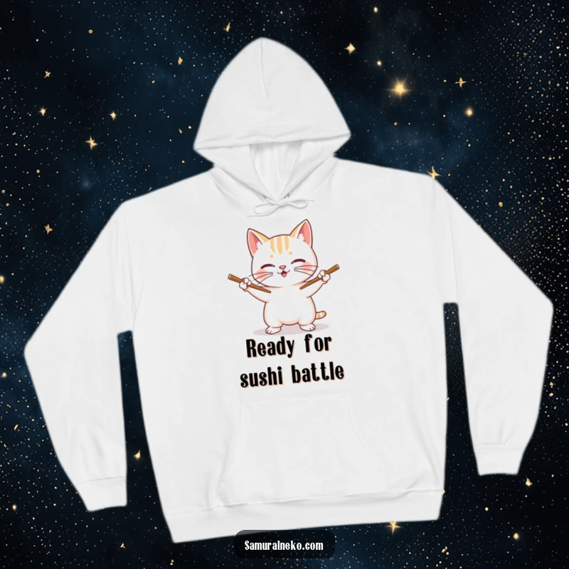 Funny Cat Hoodie: A grinning cat wields chopsticks like tiny swords, embodying a funny warrior spirit.