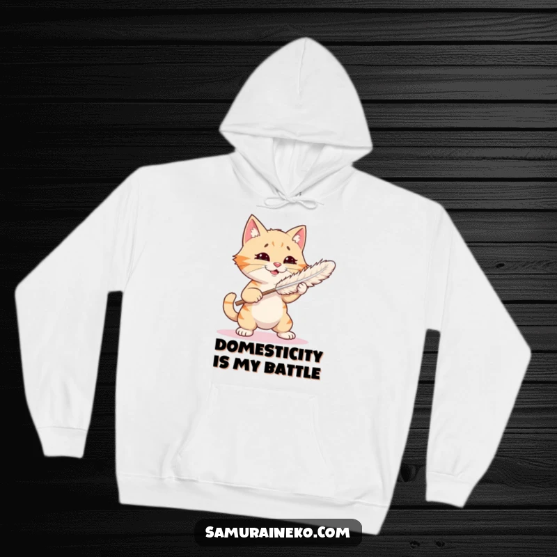 Funny hoodie showcasing a cat in a hilarious, playful sparring session with a feather duster, perfect for cozy, amusing wear.