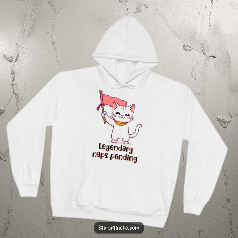 Funny hoodie showcasing a brave cat in a heroic pose, holding a miniature banner triumphantly, perfect for cozy, humorous lounging.
