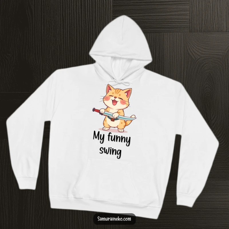 Funny Cat Laughing Sword Hoodie featuring a cat rolling with laughter after a playful sword swing, perfect for cozy, humorous wear.