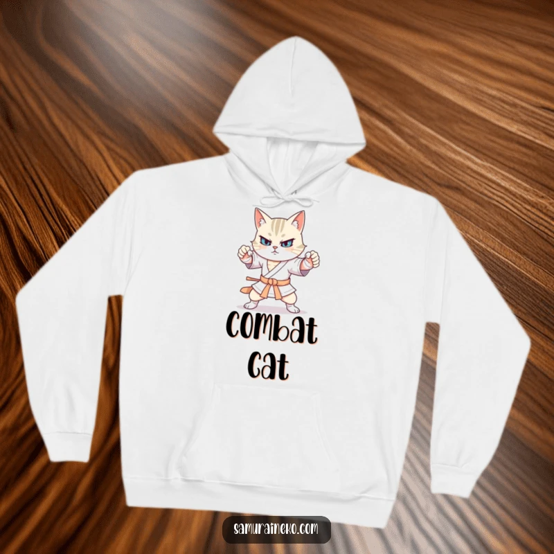 Funny cat warrior in exaggerated, funny martial arts stances featured on a cozy hoodie, perfect for warmth and laughs.