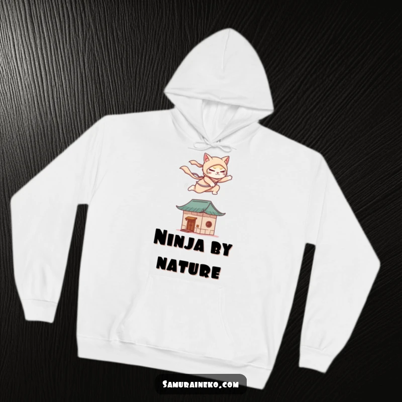 Funny hoodie with a cat ninja gracefully leaping onto a stylized rooftop, offering warmth and a dose of stealthy humor.