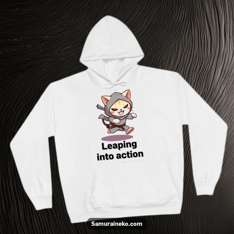 Funny Cat Ninja Hoodie featuring a cat ninja leaping from the shadows with a mischievous grin, perfect for stealthy comfort.