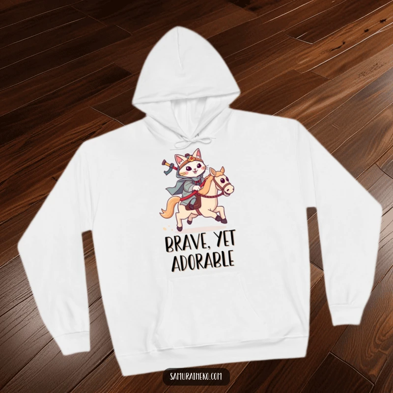 Funny cat samurai hoodie with a feline warrior riding a hobby horse, charging forward with gleeful determination.