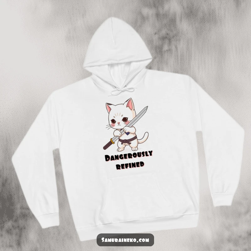 Funny cat character dramatically sheathing a minuscule katana with pride on a warm hoodie, a humorous statement piece.