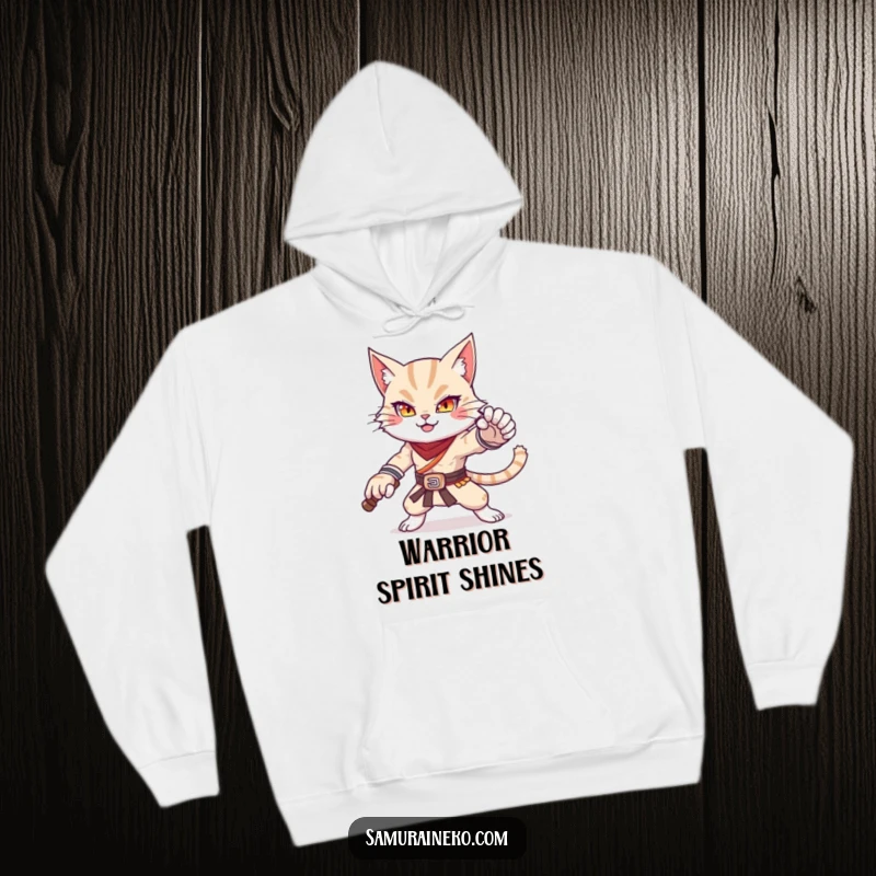Funny hoodie with a cat warrior striking a powerful and adorable pose, offering warmth and a dose of feline humor.