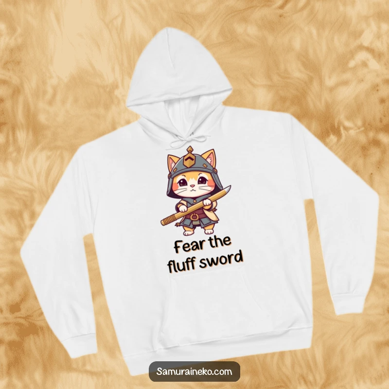 Funny cat character sporting a tiny helmet and holding a bamboo sword, featured on a warm and comfortable hoodie.