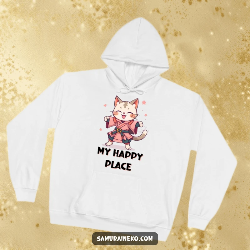 Funny hoodie depicting a joyful feline samurai mid-spin. A warm and humorous funny gift choice.
