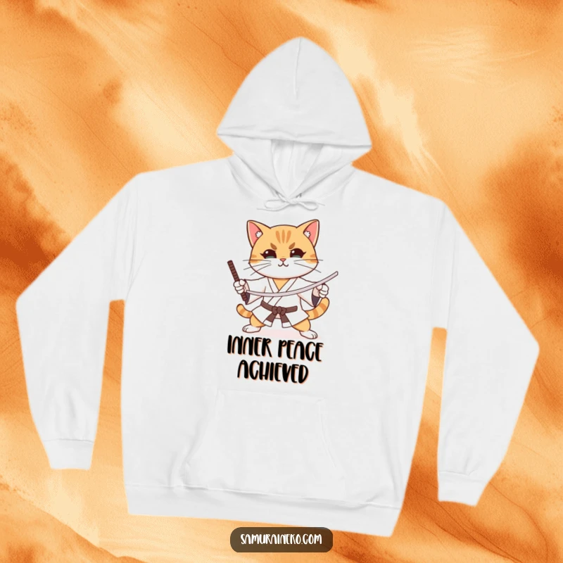 Funny cat practicing sword stances with intense focus and a slight smile, featured on a cozy hoodie.
