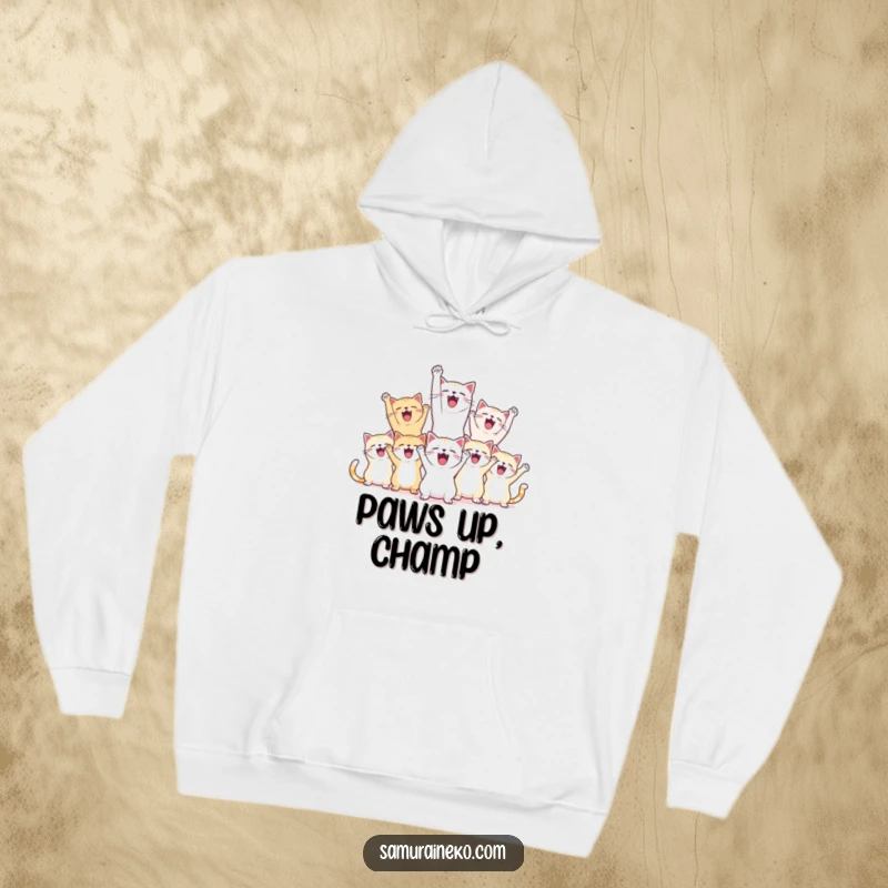 Funny hoodie featuring a group of happy cats raising paws in celebration, shouting with joy after a victory.