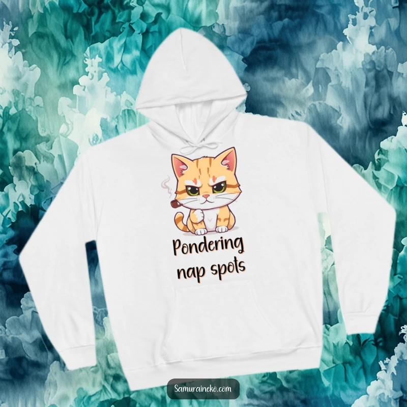 Funny hoodie with a cat holding a miniature smoking pipe, perfect for fans of wise felines and humor.
