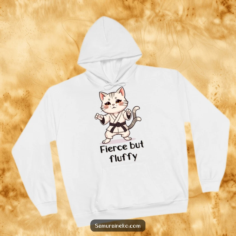 Funny cat hoodie featuring a cat in a karate pose with a determined expression and a happy, wagging tail, great for warmth.
