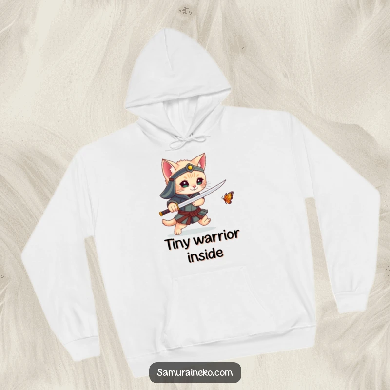 Funny hoodie with a kitten samurai playfully chasing a butterfly with its sword, offering warmth and a dose of cute humor.