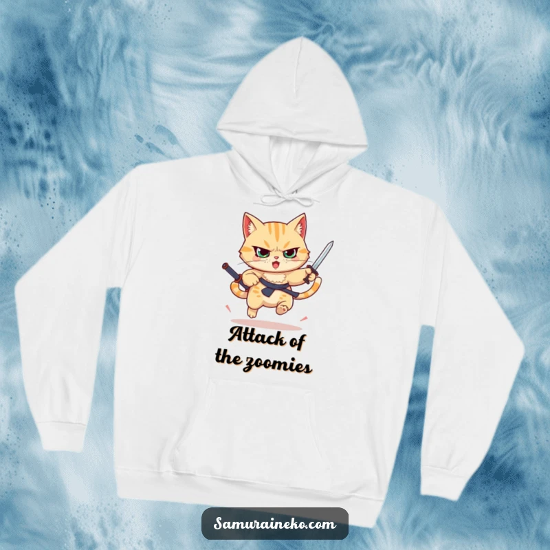 Funny determined cat leaping with a raised sword, cozy warrior hoodie, ideal funny gift for adventurers.
