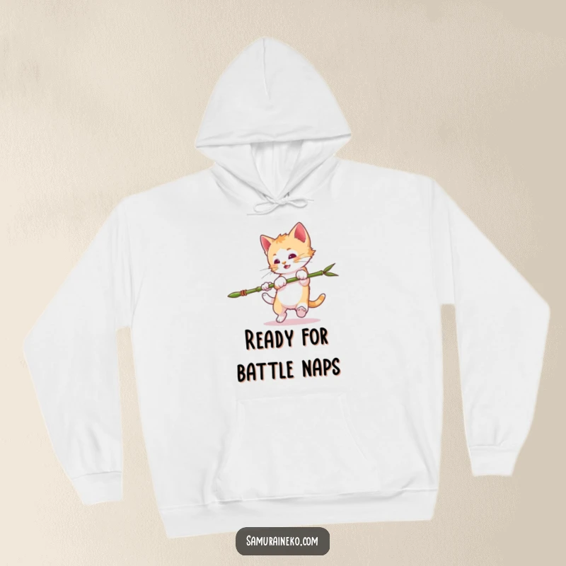 Funny Mischievous Kitten Hoodie: Kitten doing a somersault with a bamboo spear, embodying playful mischief and readiness for action. An excellent funny gift.