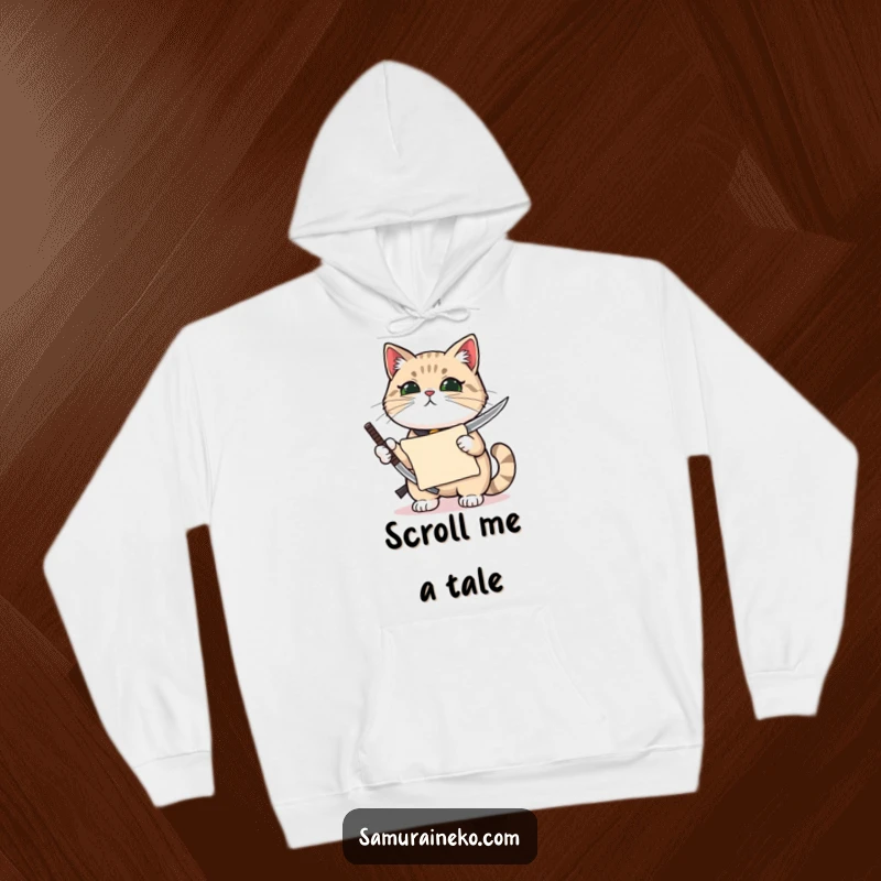 Funny cat holding a miniature katana with utmost pride, a small scroll clutched, featured on this cozy hoodie.