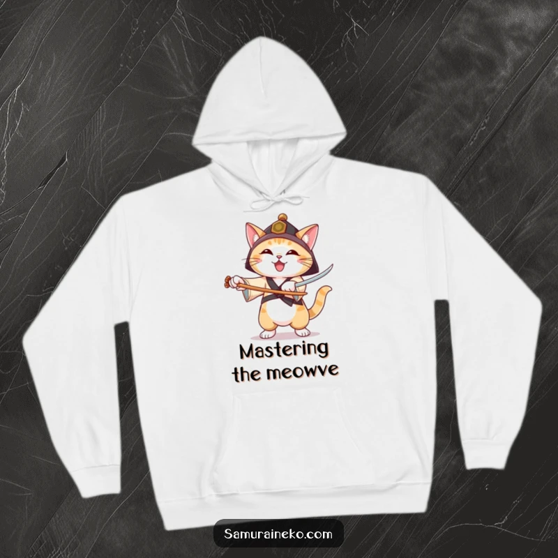 Funny, cozy hoodie featuring a cat in a ronin hat practicing sword forms with a joyful expression, offering warmth and humor.