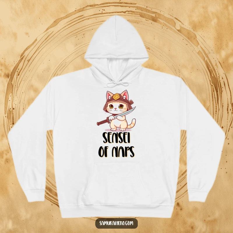Funny cute cat in a tiny samurai helmet, unsheathing a playful sword, featured on a warm hoodie.