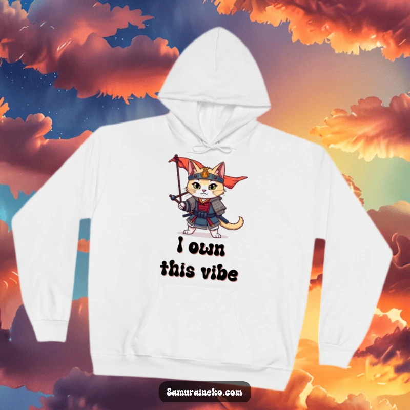 Funny Samurai Cat Hoodie with a legendary warrior cat striking a dramatic pose against a flowing banner.