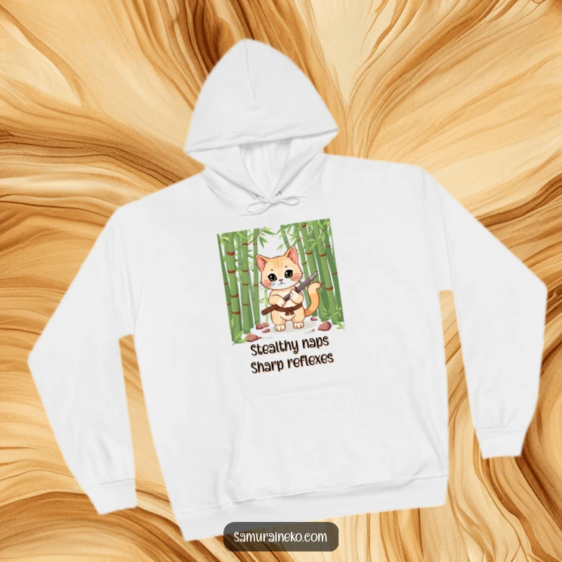 Funny hoodie featuring a brave cat in a bamboo forest, holding a miniature katana, ready for adventure, a humorous and warm gift.