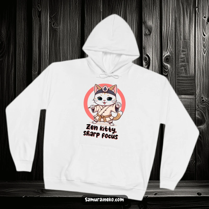 Funny Samurai Cat Hoodie: A smiling cat in samurai garb, practicing disciplined movements, offering warmth and a touch of humor.